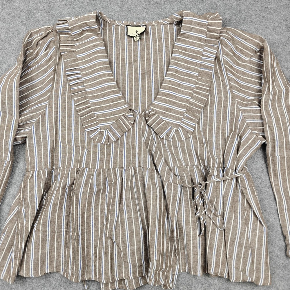 Tuckernuck Blouse Womens XL Brown Stripe Ruffle V Neck Tie Waist Peplum Top - Picture 2 of 11